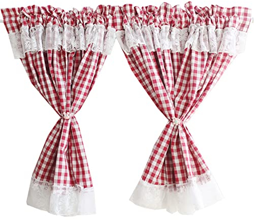 A.Monamour Gardine Scheibengardinen Kurzstores Bauernhaus Baumwolle Blickdicht Weiß Rote Karos Kariert Weißer Voile Spitze Kurzgardinen Küchengardine Fenster Kurz Vorhang Bistrogardine - 2 Stücke
