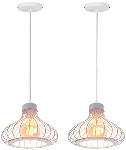 iDEGU 2 Piezas Lámparas de Techo Industriales Lámpara Colgante Estilo Vintage 23cm Pantalla de Metal en Forma de Jaula Negra Luz Colgante para Cocina Comedor Salón Bar Pasillo Restaurante (Blanco)