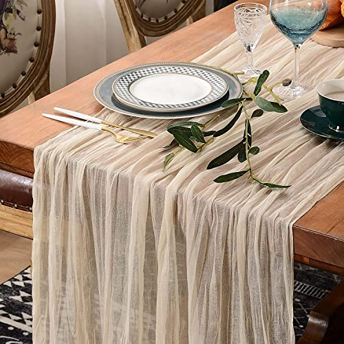 LOMOHOO Käsetuch Tischläufer Beige Boho Gaze-Stoff Tischläufer Rustikaler Hochzeit Tischdecke 118 Zoll lang Läufer für Hochzeit Braut Babyparty Geburtstagsfeier Kuchen Tischdekoration (90x300cm)