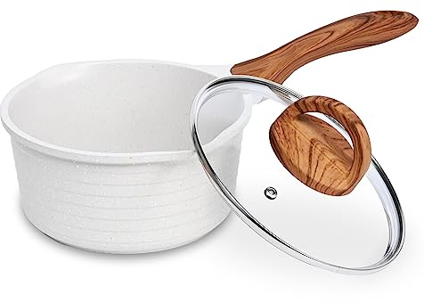 JEETEE Kasserolle 18 cm, 2L Stielkasserolle mit Deckel, klein Kasserolle Stieltopf, Milchpfanne, Milchtopf beschichtet, geeignet für Induktions, Elektro und Gas (Beige)