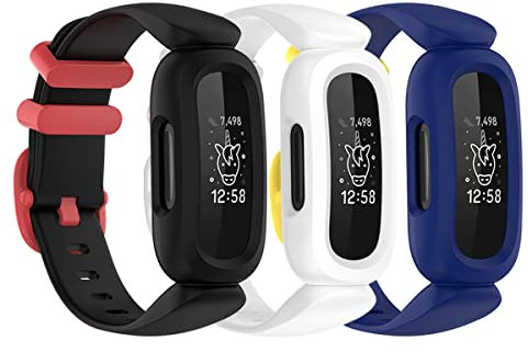 honecumi Kompatibel mit Fitbit Ace 3 Kids Armband, Ace 3 Ersatzarmband Watch Band Strap Wechselbänder für Kinder, Klassisch Buntes Verstellbares Sport Uhrenarmband Zubehör,Schwarz/Weiß/Blau