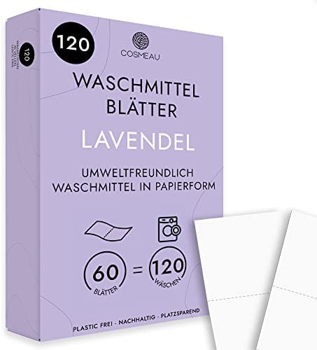Cosmeau Waschmittel Blätter Lavendel - bis zu 120 Waschgänge (120 Blätter) - Nachhaltiges Waschmittel für Weiß, Farbe und Schwarz - Plastikfrei, Abbaubar & Perfektes Reisewaschmittel