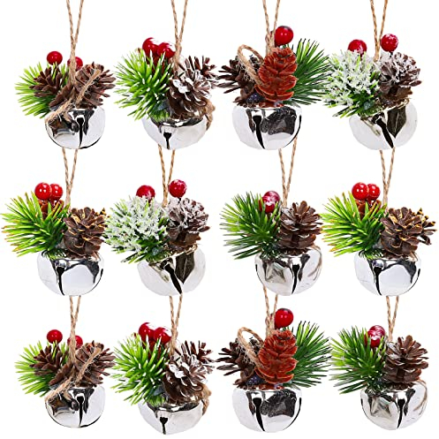 Whaline 12 Stück Weihnachtsglocken-Ornament mit Band, Weihnachtsglocke, zum Aufhängen, Glocke mit Tannenzapfen, Beeren für Winter, Urlaub, Weihnachtsbaum, Wand, Tür, Fensterdekoration, Zubehör