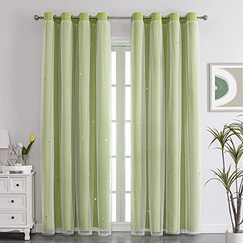 Nyescasa Verdunklungs Vorhänge Kinderzimmer Vorhang Doppellagige Gardienen mit Höhlen Sterne mit Voile Ösenschal für Wohnzimmer Schlafzimmer Mädchen Dekoschal 2er Set 244x132cm(H×B) Grün