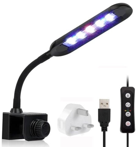 OsAtNb Aquarium Clip Light UK Adapter Nano Aquarium Light Full-Spectrum 3 Modes 5 Brightness Dimmable,Timing Function Flexible Gooseneck White+Red+Blue LED Fish Tank Clip on Light (6W)