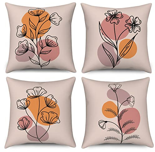 ASDCXZ Boho Kissenbezug 40x40 cm 4er Set, Abstrakt Boho Style Blume Blätter Rose Sofa Kissen Bezug Dekokissen Kissenbezüge Kissenhülle Waschbar Polyester Flachs Textil Outdoor Polster Kopfkissenbezug