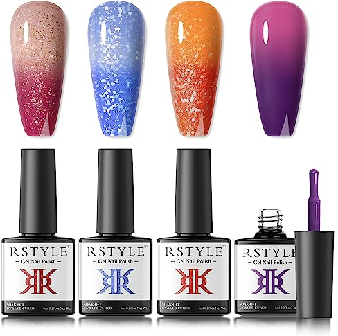 RSTYLE UV Nagellack, 4 Farben Thermo Gellack UV Gel Nagellack Set Thermo Farbwechsel Thermolack für Nägel Farbgel für Gelnägel Chameleon Gel Polish Set 6ML
