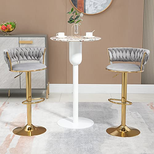 Barhocker 2er Set Samt Barstuhl Höhenverstellbar 360° Drehbar Hocker Mit Handgeflochtener Rückenlehne Und Runder Goldener Fuß Fußstütze Kücheninsel Beistellstuhl (Grau)