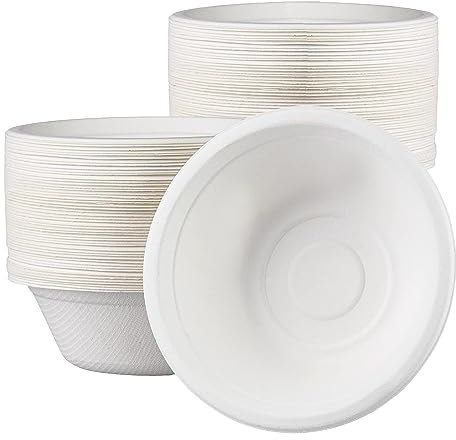 Disposable Small White 12oz/340ml Eco-Friendly Biodegradable Bowls - Pack of 100, Bagasse Compostable Bowls for Hot/Cold Food, Perfect for BBQ, Picnic, Parties and More