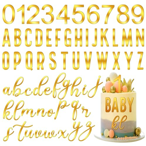 124 Stück Buchstaben für Torte, Goldene Tortendeko, Gold Acryl Spiegelbuchstaben für Torte Deko Zahlen 0-9 und A-Z Großbuchstaben, Kleinbuchstaben a-z für Geburtstag Hochzeit Jubiläum Party Feier