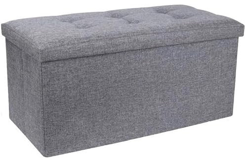 A406 Folding Ottoman Storage Box with Lids Pouffe Seat Stool Foot stool Storage Unit Bench Foot Rest Stool 38cm Grey Black Beige Green (Grey-Linen.76cm)