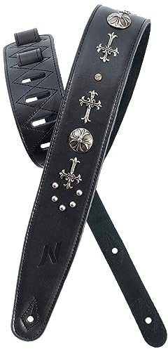 Nefelibata Vollnarbenleder Gitarrengurt mit Schaumstoff gepolstert mit Kreuz Silbernieten für E-, Akustik- und Bassgitarren(2,5 breit, Carbon schwarz)