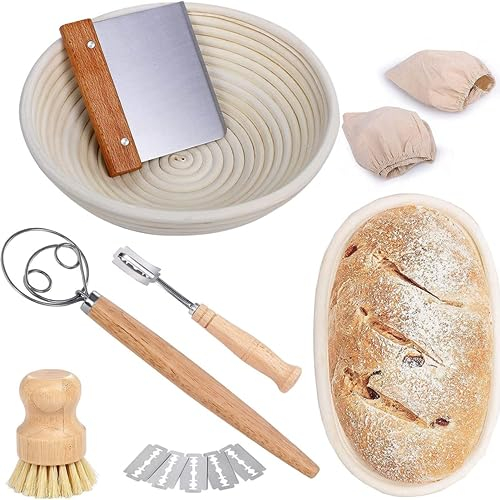 Breadom Set de Cesta de fermentación de Pan,Cuenco Redondo+Ovalado,Kit de Herramientas para Hacer Pan de Masa Madre,Herramienta para Hornear,para Pan y Masa