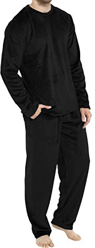 Duohropke Pigiama da uomo in flanella, lungo, in cotone, da uomo, in due pezzi, pigiameria, loungewear, pigiama lungo, elastico e coulisse, Nero , XXXL