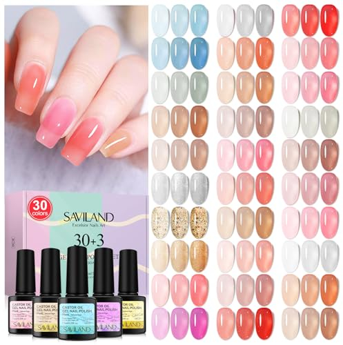 SAVILAND Jelly Gel Nail Polish: Castor Oil & Vitamin E Gel Polish Set Super Care No Harm Christmas Jelly Translucent Gels Polish Set Base Glossy Matte Top Gels Nail Kit Women Gift Home Nail Choice