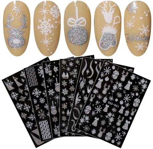 jmeowio 8 Sheets Christmas Glitter Nail Art Stickers Decals Self-Adhesive Snowflake Xmas Winter Holiday Cute Silver Gray White Nail Supplies Nail Art Design Decoration Accessories