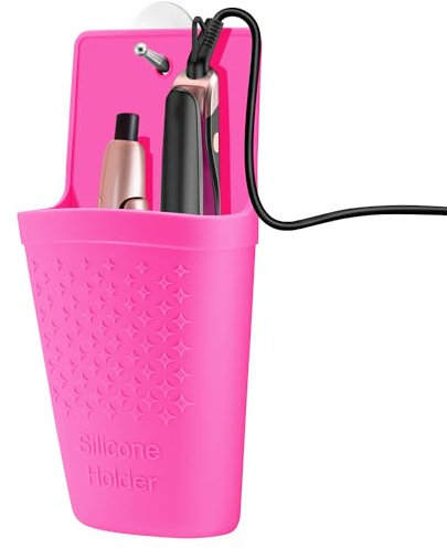 CROWATTS Heat Resistant Silicone Hair Iron Mat and Pouch,Portable Travel Hair Straightener Mat and Holder for Hair Styling Tools,Can Be Fixed to Dressing Table with Stainless Steel Hook.(Hot Pink)