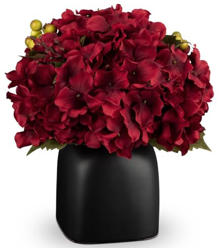 Kunstblumen Wie Echt Künstliche Hortensien Rote Dekoblumen mit Beeren in Schwarzer Keramikvase Blumengesteck für Büro Resto Wohnzimmer Badzimmer Herbst Dekoration