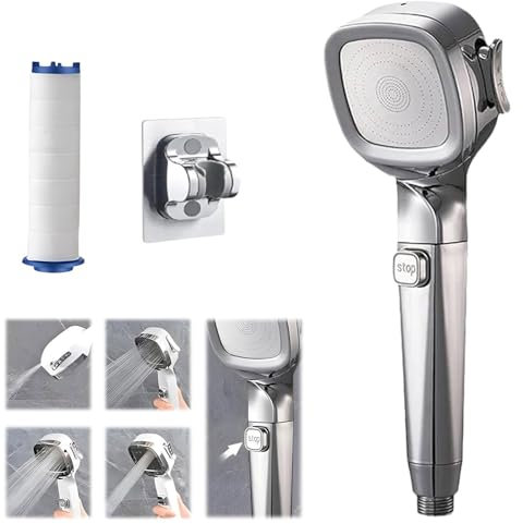 4-Mode Handheld Pressurized Shower Head with Pause Switch, Built-in Power Wash to Clean Tub, Water Saving Adjustable Shower Nozzle Filter for Bathroom (Silver)