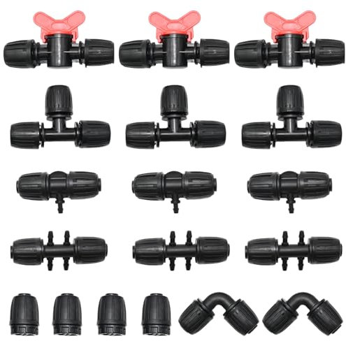 DUZFOREI Kit di 18 raccordi per irrigazione a goccia, 2 gomiti, 4 tappi terminali, 3 Tee, 3 valvole di commutazione, 3 connettori a T, 3 riduttori da 1/2 a 1/4, connettori per dadi bloccati per