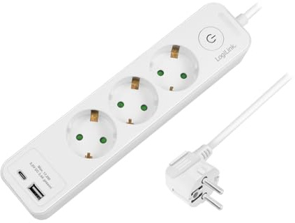 LogiLink LPS279U - Steckdosenleiste 3-Fach + Schalter, 3X Schutzkontaktbuchsen (CEE 7/3) in 45° Anordnung, 1x USB-A, 1x USB-C, 1,5 m
