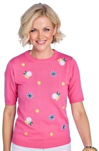 Chums Ladies Elegant Embroidered Floral Short Sleeve Jumper Fine Gauge Knit Rose 16-18