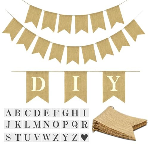 YUNSHANGMO 15-teiliges Jute-Banner-Set, personalisierbar, mit Buchstaben A bis Z, Schablone, Geburtstag, Hochzeit, Party-Dekoration