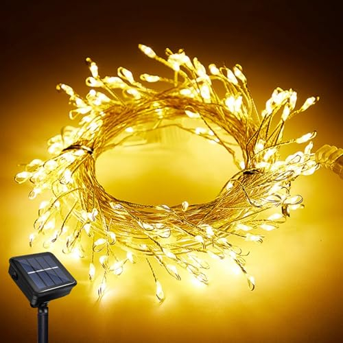LED Solar Lichterkette Außen, 6M 200LEDs Girlande Feuerwerkskörper, 8 Modi Wasserdicht Kupferkabel Solar Mini Cluster Kette für Hof Garten Weg Rasen