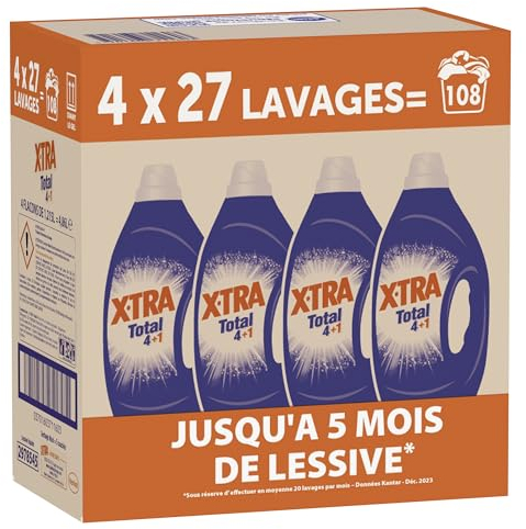 X, Tra Total - Lessive Liquide - 4 plus 1 - Propreté - Eclat - Fraîcheur - Engagé pour vous - Economique - Une seule lessive pour tout votre linge - Efficace des 20°C - 108 Lavages - 5 Mois de Lessive