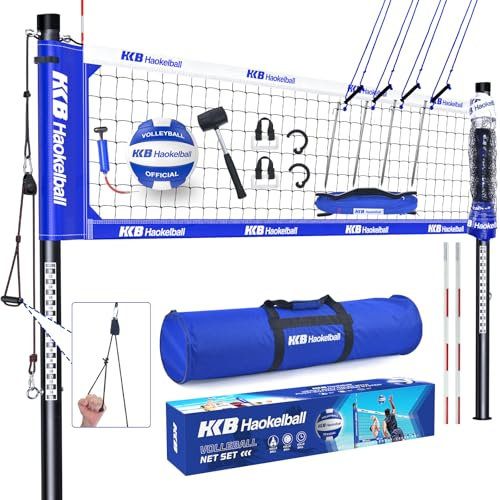 Haokelball Robustes Volleyballnetz-Set für den Außenbereich, für Hinterhof, Strand, mit verstellbaren Aluminiumstangen, Volleyball-Antennen, Netzspannungseinsteller, Volleyball, Hammer und Tragetasche