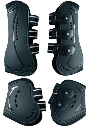 Merauno® Gamaschen & Streichkappen, 4er Set Gamaschen Pferdesehne Bandage mit Robust Elastisch, PU Shell, Neopren atmungsaktiven Löchern für Springen, Reiten, Events (S, Schwarz)