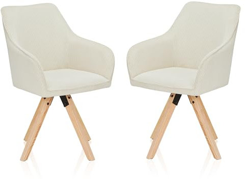 KHG Esszimmerstühle drehbar 2er Set, Drehstuhl mit Armlehnen Cord Beige, Stuhlbeine Holz Esche, Küchenstuhl, Polsterstuhl, Essstuhl, Armlehnstuhl, für Esszimmer Küche Büro