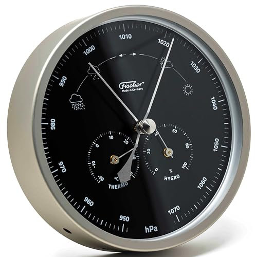 Fischer 1602-01.06 - Stazione meteo per esterni, termometro, barometro, igrometro da 160 mm, in acciaio inox, quadrante nero, made in Germany