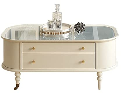 Moderne Sofatische Retro-Holz-Couchtisch mit temporärer Glasplatte, rechteckiger Wohnzimmertisch, Mitteltisch mit 2 Schubladen und Universalrädern, einfache Montage Wohnzimmer Beistelltisch(Weiß)