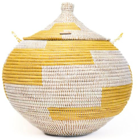 YAADU Geflochtener Korb mit Deckel – Aufbewahrungskorb für Decken & Spielzeug, Afrikanischer Wäschekorb, Handtuchkorb, Aufbewahrungsbox, Dekokorb (Gelb)