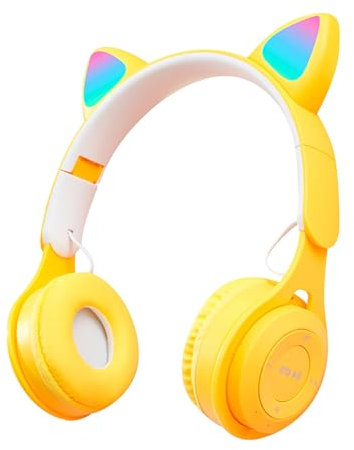 Bluetooth Wireless Headphones, Head-mounted Headse, Foldable Earphones,LED Light Up Cat Ear Shaped Headphones, Over Ear Headphones Stereo with Soft Earmuffs for Phone/PC/TV/Tablet (Yellow)