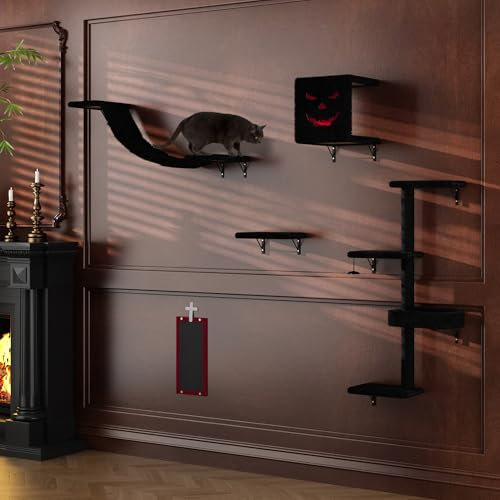 COZIWOW Wall-Mounted Cat Tree | Space-Saving Feline Furniture with Multiple Levels | Durable Scratch Post for Indoor Cats, Black&Red