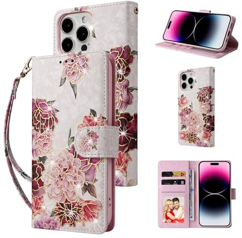 UEEBAI Wallet Case for iPhone 16 Pro Max 6.9, PU Leather Phone Case Kickstand RFID Blocking Flip Case Card Slots Wrist Strap Relief Engraved Pattern Magnetic Closure Folio Case - White Flower