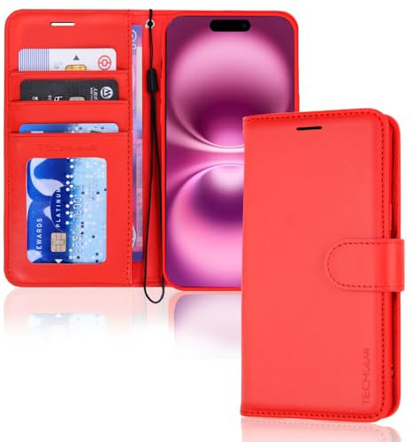 TECHGEAR iPhone 16 Leather Wallet Case, Protective Flip Case Cover with [RFID BLOCKING] Wallet Card Holder, Stand and Wrist Strap - Red PU Leather with Magnetic Closure for iPhone 16 6.1
