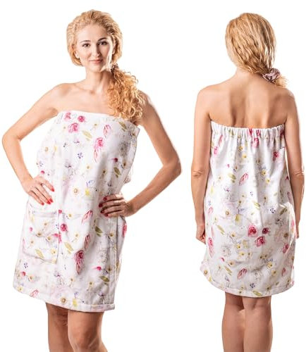 Saunakilt Damen Baumwolle, Saunahandtuch mit Knopf und Tasche Handtuch mit Gummizug, Bathrobe, Saunakilt Sauna, Sauna Bademantel Damen (DE/NL/SE/PL, Alphanumerisch, L, XL, Regular, Regular, Rosе)