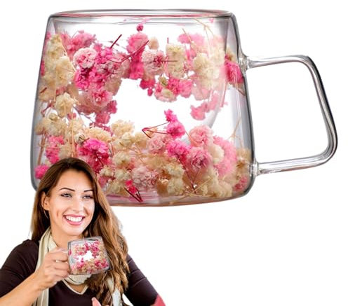 Tasse transparente avec fleurs, tasses avec fleurs sèches, tasse à fleurs créatives avec poignée, tasse à café de 200 ml, tasses à café isothermes à fleurs séchées, tasse à café à fleurs séchées
