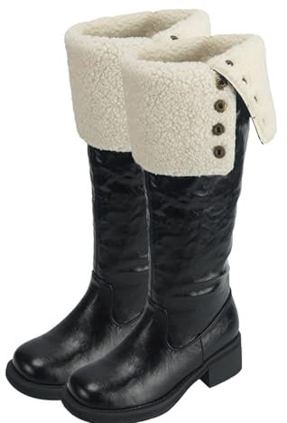 Stivali da Neve con Risvolto, Stivali Alti Fino al Ginocchio con Tacco Basso e Suola Spessa, Stivali Dritti Impermeabili Lucidi in Vernice, Stivali Alti Casual retrò,Nero,37 EU