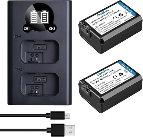 NP-FW50 Battery and Charger Set 1500mAh Battery 2 Pack Smart LED Dual Charger Compatible with Sony ZV-E10, Alpha 7, A7, A7II, A7RII, A7SII, A7S, A7S2, A7R, A7R2, A5000,A6000, A6500, A6300, NEX-3