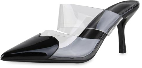 VAN HILL Damen Pantoletten Stiletto Transparent Party Schuhe 216663 Schwarz Lack 37