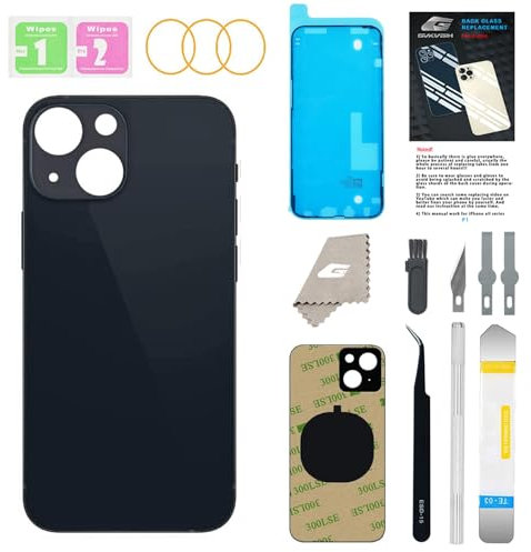 Rückglas-Ersatz für iPhone 13 mit Repir-Werkzeugen, großes Loch, hintere Abdeckung, Glas, Ersatz, alle Träger mit vorinstalliertem Kleber und Reparaturwerkzeug-Kits (schwarz)
