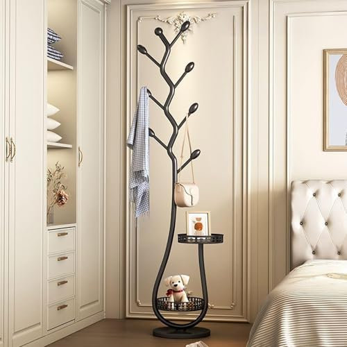 CYQQRDZSW Porte Manteau sur Pieds en Métal, Porte Manteaux en Forme d'arbre pour Hall d'entrée, Coat Rack avec Panier de Rangement, Suspendre Vêtements, Chapeaux(Black)