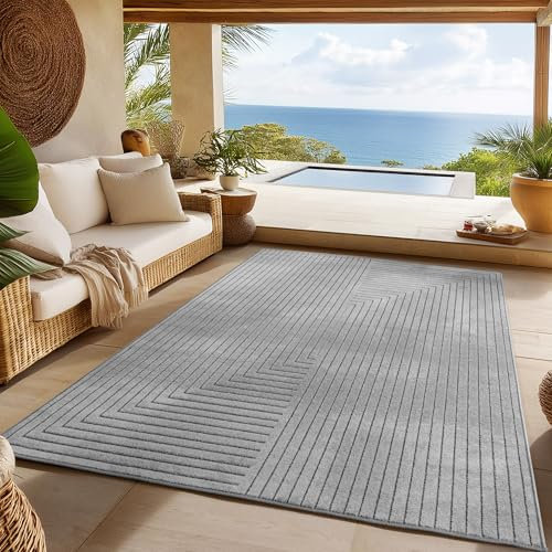 SIMPEX Outdoor Teppich Wetterfest, Wohnzimmer, Schlafzimmer, Wintergarten, Kurzflor Grau, Hoch-Tief-Effekt, weich & waschbar, Outdoor geeignet, pflegeleicht, 240x340 cm