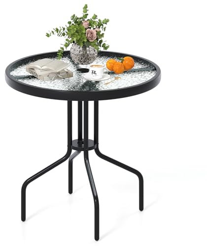 RELAX4LIFE Tavolo da Giardino Rotondo 70x70x71cm con Piano in Vetro Temperato, Foro per Ombrellone 4cm, Struttura in Metallo Resistente alle Intemperie, Ideale per Bistrot, Terrazza o Patio, Nero