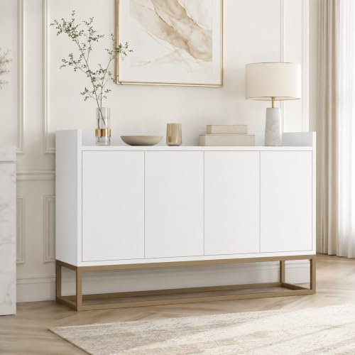 Meuble Bas de Cuisine 120 cm, Buffet de Rangement Moderne avec 4 Portes, Buffet Bas avec étagère réglable et Support en Métal, Meuble Salle à Manger pour Salon Cuisine, 120 x 30 x 80 cm (Blanc)