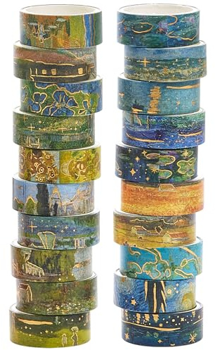 YUBX 20 rouleaux Paysage Washi Tape Set, Feuille d’or Ruban Adhésif Peinture à l’huile Décoratif Masking Tapes pour Arts, Bullet Journal, Scrapbooking, Bricolage, Emballage
